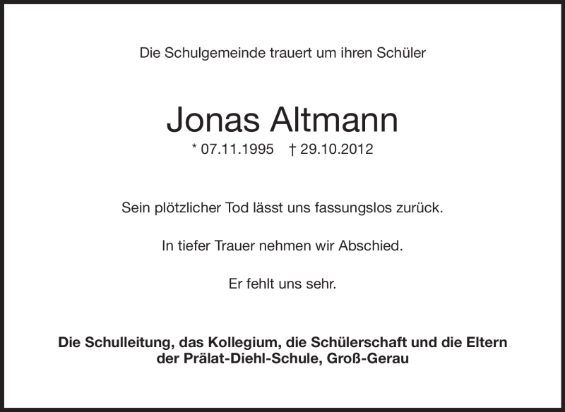  Traueranzeige für Jonas Altmann vom 08.11.2012 aus Rüsselsheimer Echo, Groß-Gerauer-Echo, Ried Echo