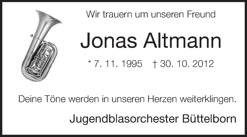  Traueranzeige für Jonas Altmann vom 10.11.2012 aus Rüsselsheimer Echo, Groß-Gerauer-Echo, Ried Echo
