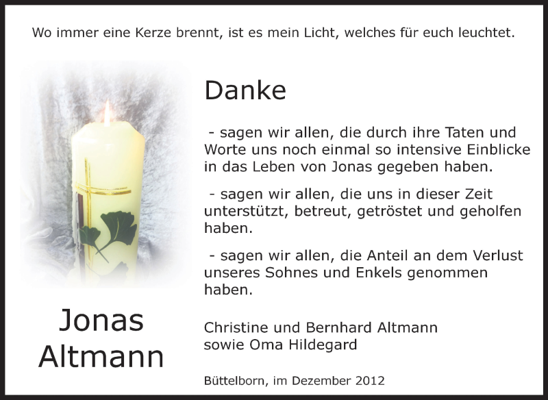  Traueranzeige für Jonas Altmann vom 01.12.2012 aus Rüsselsheimer Echo, Groß-Gerauer-Echo, Ried Echo
