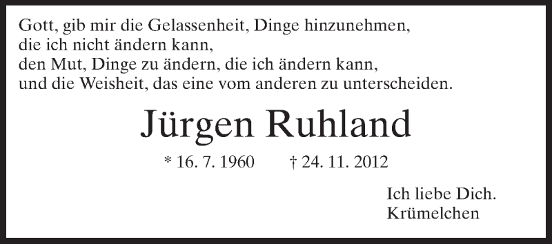  Traueranzeige für Jürgen Ruhland vom 01.12.2012 aus Echo-Zeitungen (Gesamtausgabe)
