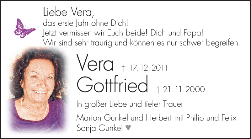  Traueranzeige für Vera Gunkel vom 15.12.2012 aus Echo-Zeitungen (Gesamtausgabe)