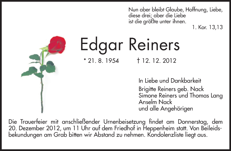  Traueranzeige für Edgar Reiners vom 17.12.2012 aus Starkenburger Echo