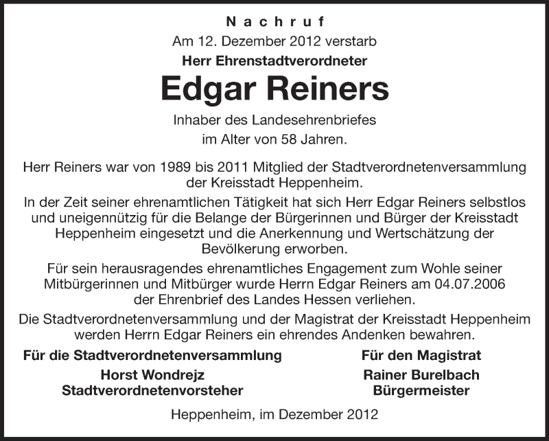  Traueranzeige für Edgar Reiners vom 19.12.2012 aus Starkenburger Echo