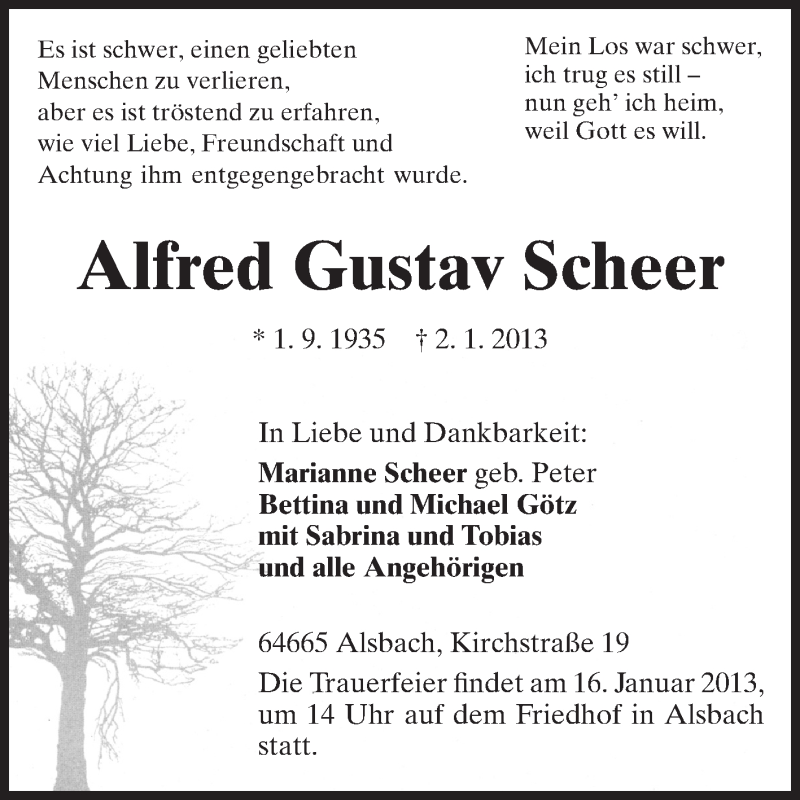  Traueranzeige für Alfred Gustav Scheer vom 12.01.2013 aus Echo-Zeitungen (Gesamtausgabe)