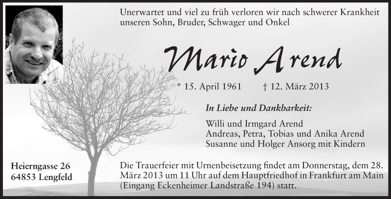  Traueranzeige für Mario Arend vom 18.03.2013 aus Echo-Zeitungen (Gesamtausgabe)