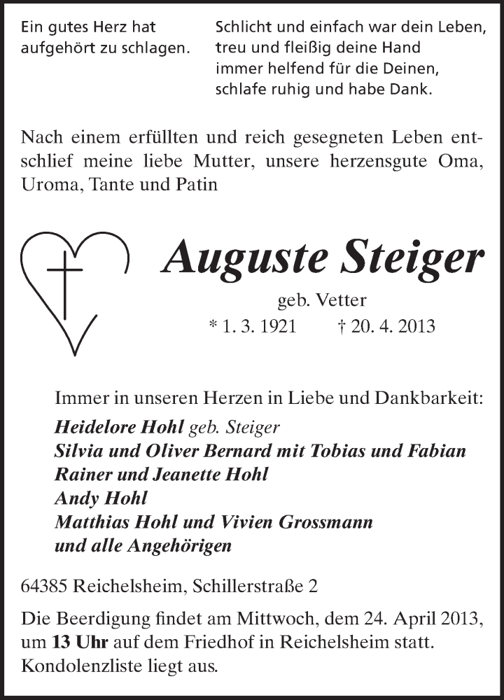  Traueranzeige für Auguste Steiger vom 23.04.2013 aus Odenwälder Echo