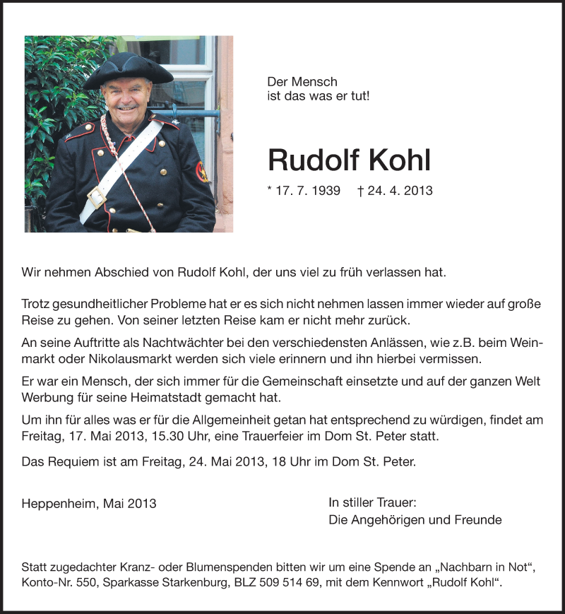  Traueranzeige für Rudolf Kohl vom 04.05.2013 aus Starkenburger Echo