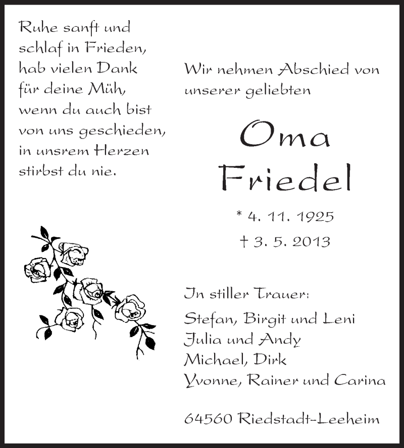  Traueranzeige für Elfriede Friedrich vom 06.05.2013 aus Rüsselsheimer Echo, Groß-Gerauer-Echo, Ried Echo