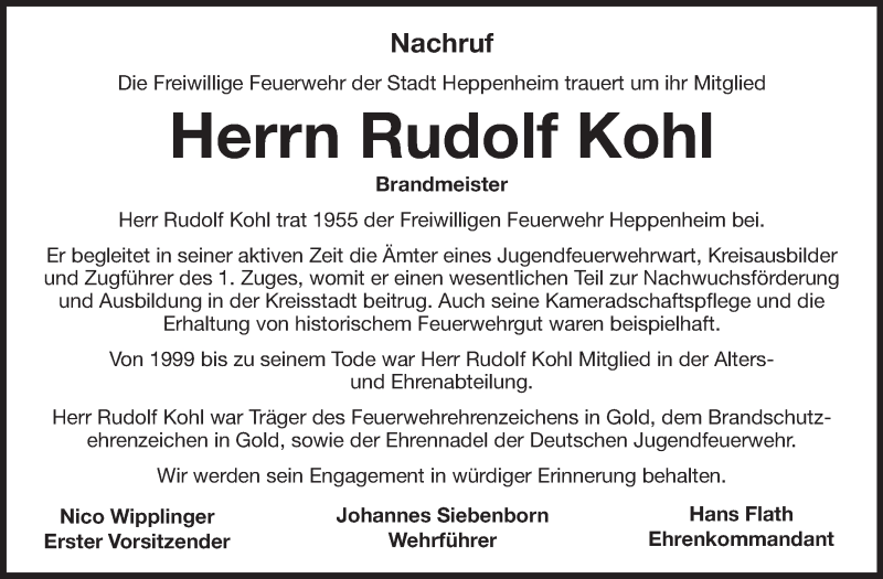  Traueranzeige für Rudolf Kohl vom 08.05.2013 aus Starkenburger Echo