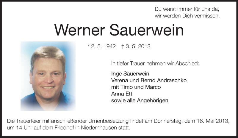 Traueranzeige für Werner Sauerwein vom 11.05.2013 aus Echo-Zeitungen (Gesamtausgabe)