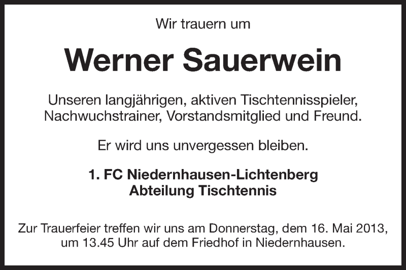  Traueranzeige für Werner Sauerwein vom 11.05.2013 aus Echo-Zeitungen (Gesamtausgabe)