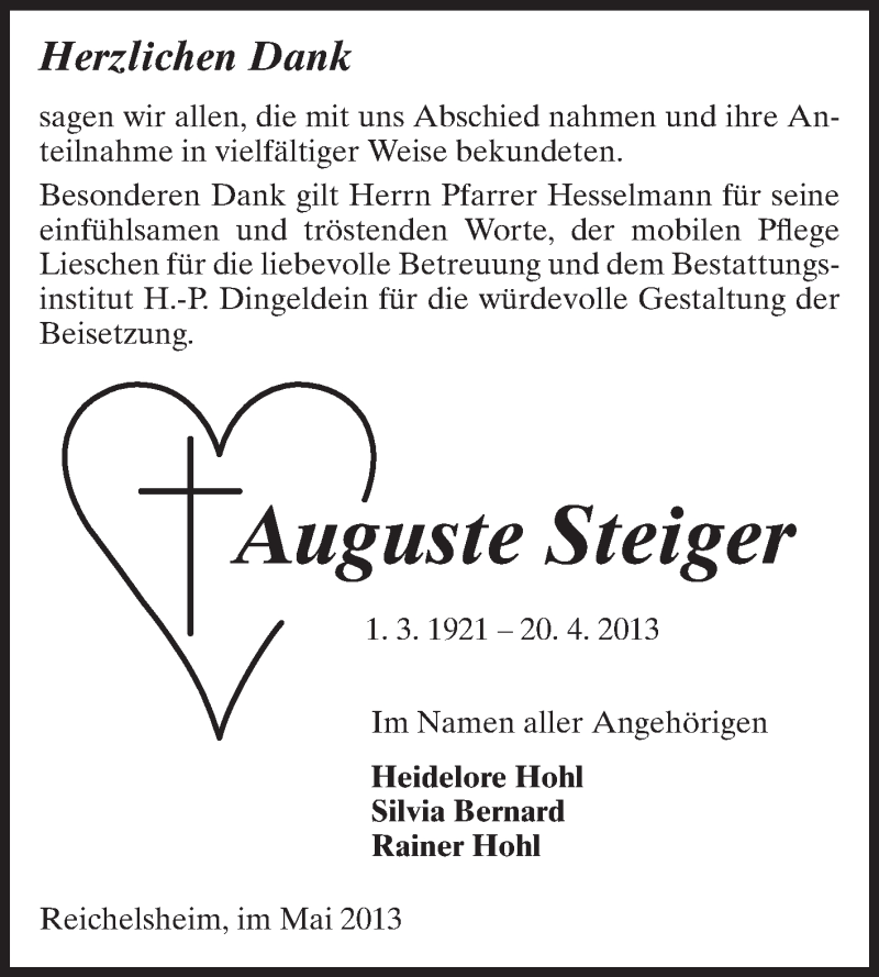  Traueranzeige für Auguste Steiger vom 18.05.2013 aus Odenwälder Echo