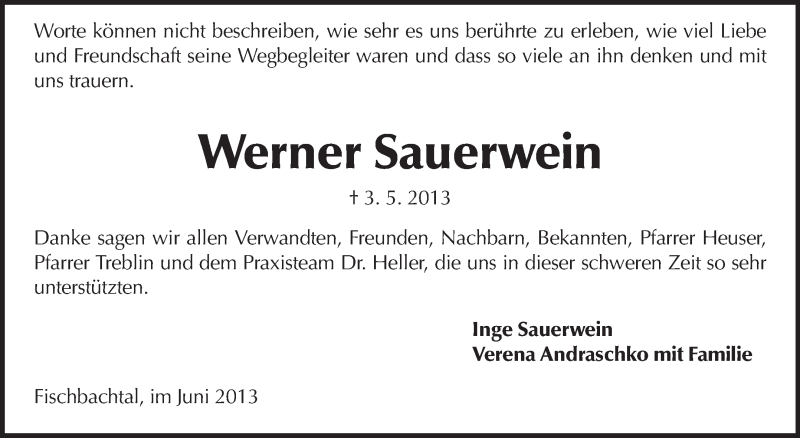  Traueranzeige für Werner Sauerwein vom 01.06.2013 aus Echo-Zeitungen (Gesamtausgabe)
