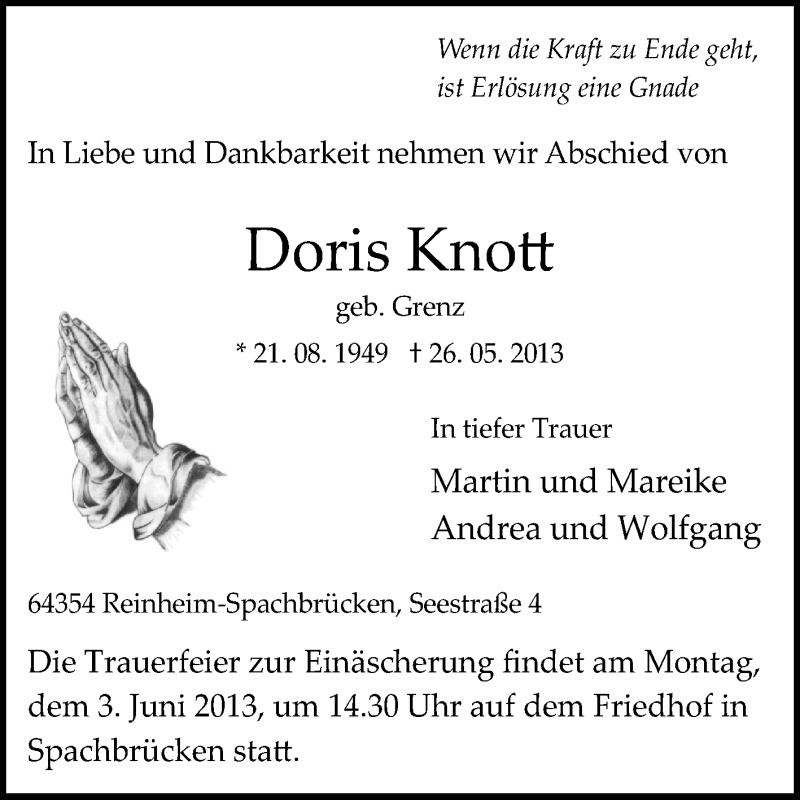  Traueranzeige für Doris Knott vom 29.05.2013 aus Darmstädter Echo, Odenwälder Echo, Rüsselsheimer Echo, Groß-Gerauer-Echo, Ried Echo
