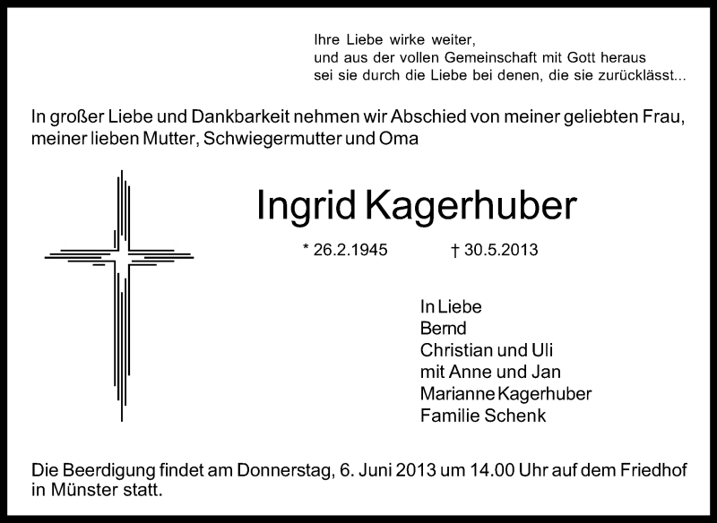  Traueranzeige für Ingrid Kagerhuber vom 04.06.2013 aus Echo-Zeitungen (Gesamtausgabe)