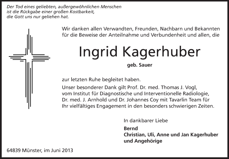  Traueranzeige für Ingrid Kagerhuber vom 29.06.2013 aus Echo-Zeitungen (Gesamtausgabe)