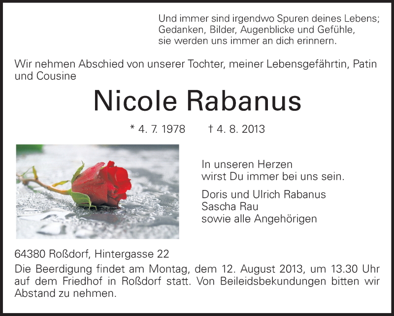  Traueranzeige für Nicole Rabanus vom 09.08.2013 aus Echo-Zeitungen (Gesamtausgabe)