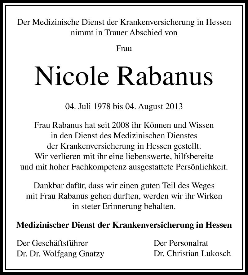  Traueranzeige für Nicole Rabanus vom 10.08.2013 aus Echo-Zeitungen (Gesamtausgabe)