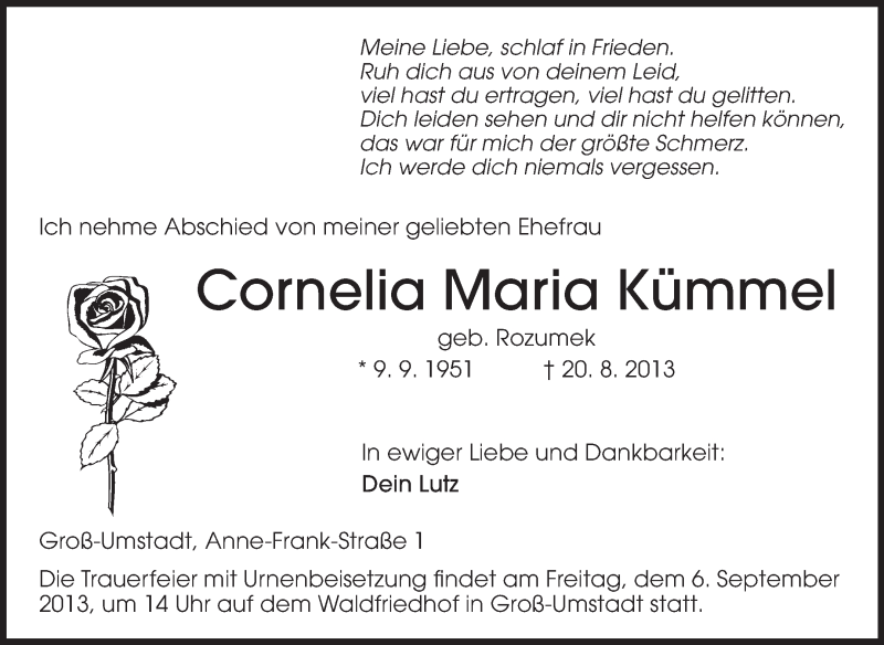  Traueranzeige für Cornelia Maria Kümmel vom 24.08.2013 aus Echo-Zeitungen (Gesamtausgabe)