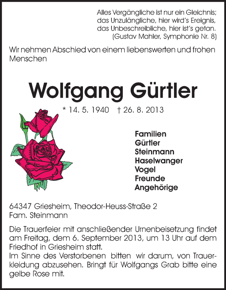  Traueranzeige für Wolfgang Gürtler vom 31.08.2013 aus Darmstädter Echo, Odenwälder Echo, Rüsselsheimer Echo, Groß-Gerauer-Echo, Ried Echo