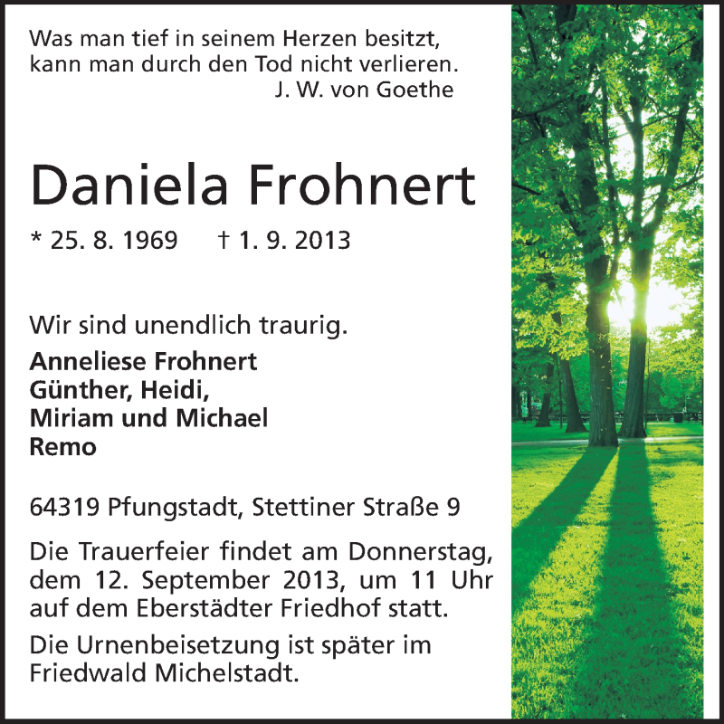  Traueranzeige für Daniela Frohnert vom 07.09.2013 aus Echo-Zeitungen (Gesamtausgabe)