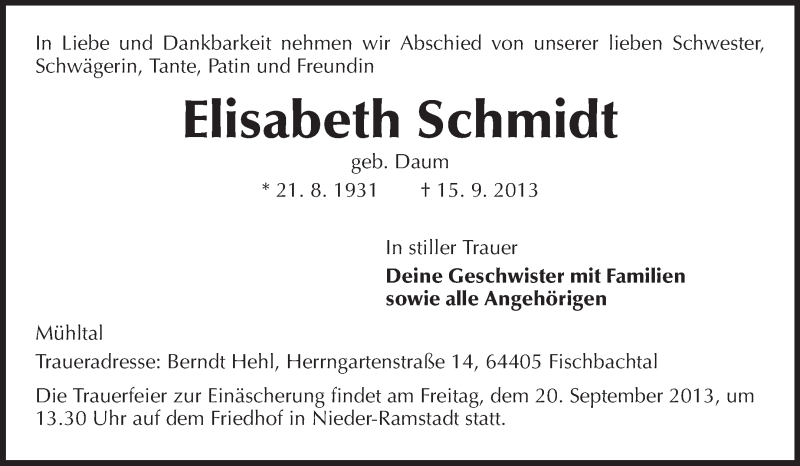 Traueranzeige für Elisabeth Schmidt vom 17.09.2013 aus Echo-Zeitungen (Gesamtausgabe)