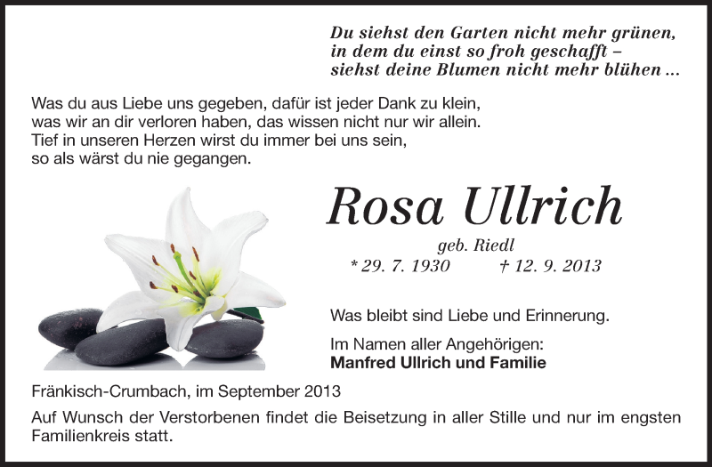  Traueranzeige für Rosa Ullrich vom 18.09.2013 aus Odenwälder Echo