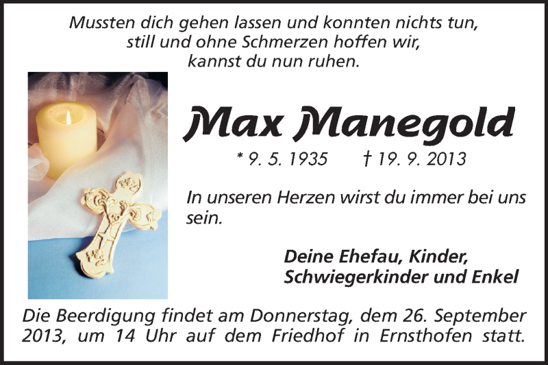  Traueranzeige für Max Manegold vom 23.09.2013 aus Echo-Zeitungen (Gesamtausgabe)