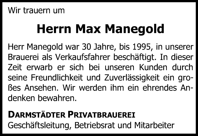  Traueranzeige für Max Manegold vom 25.09.2013 aus Echo-Zeitungen (Gesamtausgabe)
