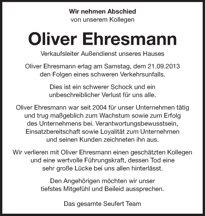  Traueranzeige für Oliver Ehresmann vom 05.10.2013 aus Echo-Zeitungen (Gesamtausgabe)