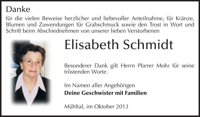  Traueranzeige für Elisabeth Schmidt vom 12.10.2013 aus Echo-Zeitungen (Gesamtausgabe)