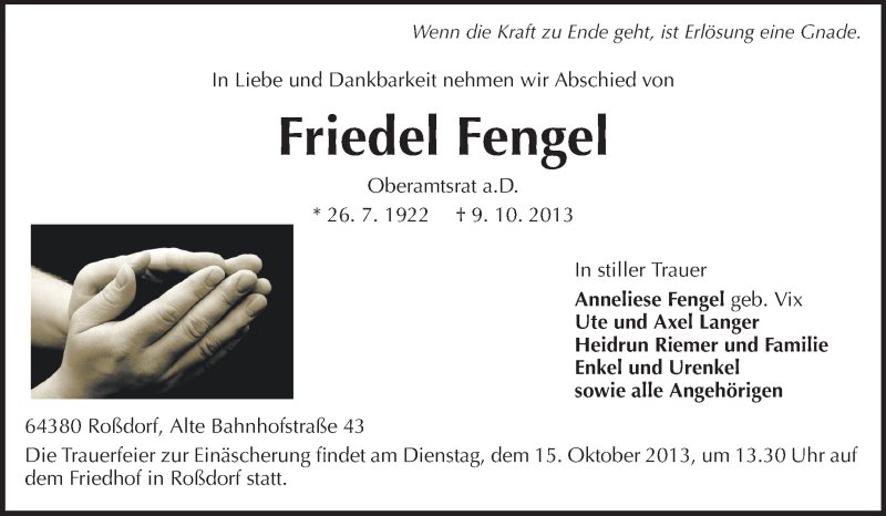  Traueranzeige für Friedel Fengel vom 12.10.2013 aus Echo-Zeitungen (Gesamtausgabe)