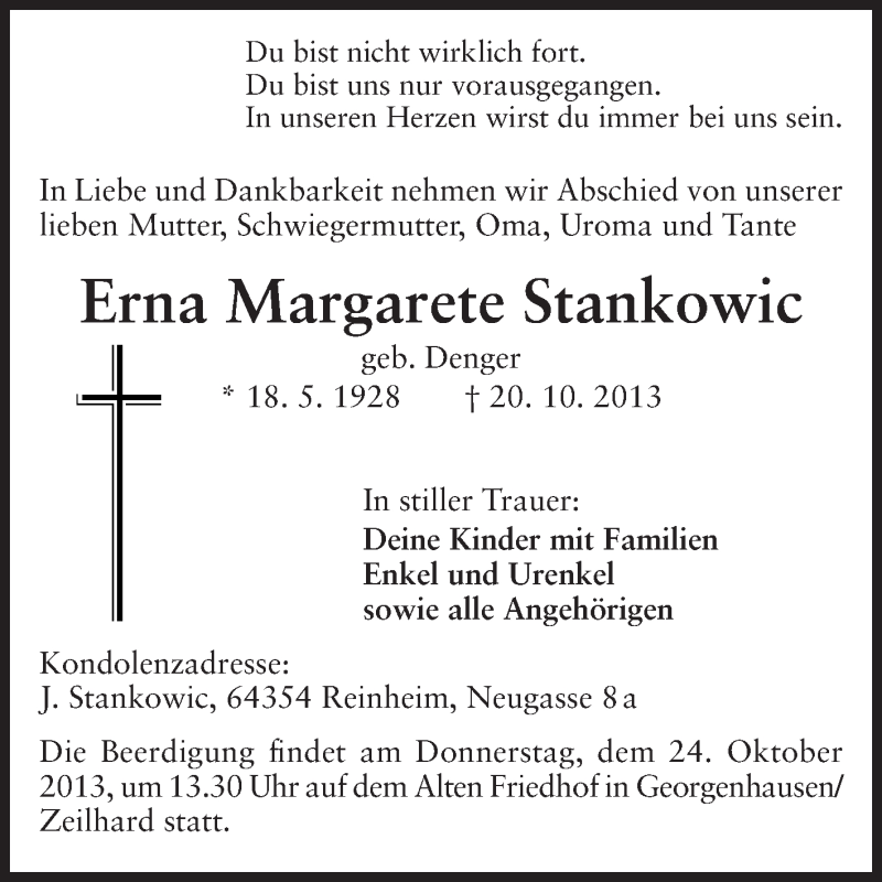  Traueranzeige für Erna Margarete Stankowic vom 22.10.2013 aus Echo-Zeitungen (Gesamtausgabe)