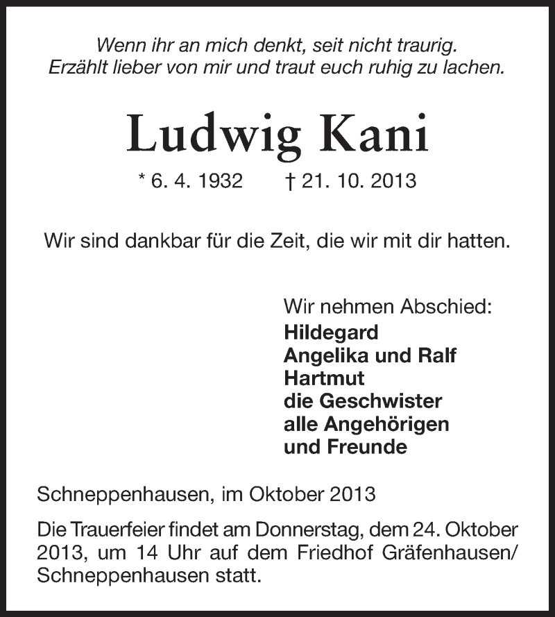  Traueranzeige für Ludwig Kani vom 23.10.2013 aus Echo-Zeitungen (Gesamtausgabe)
