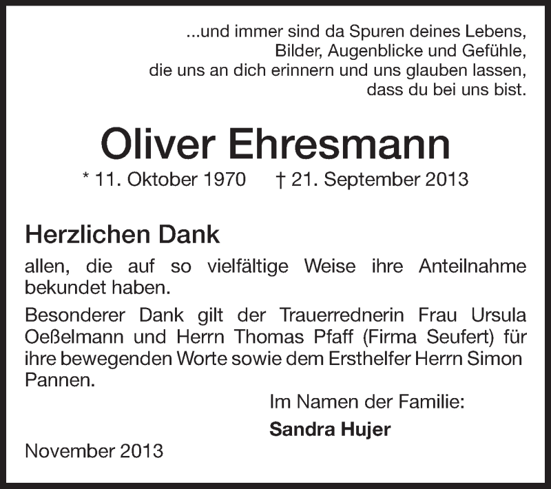  Traueranzeige für Oliver Ehresmann vom 09.11.2013 aus Echo-Zeitungen (Gesamtausgabe)