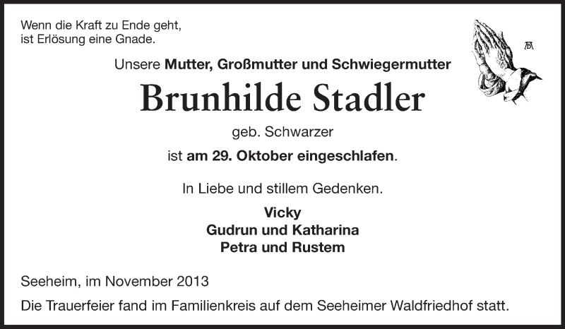  Traueranzeige für Brunhilde Stadler vom 13.11.2013 aus Echo-Zeitungen (Gesamtausgabe)