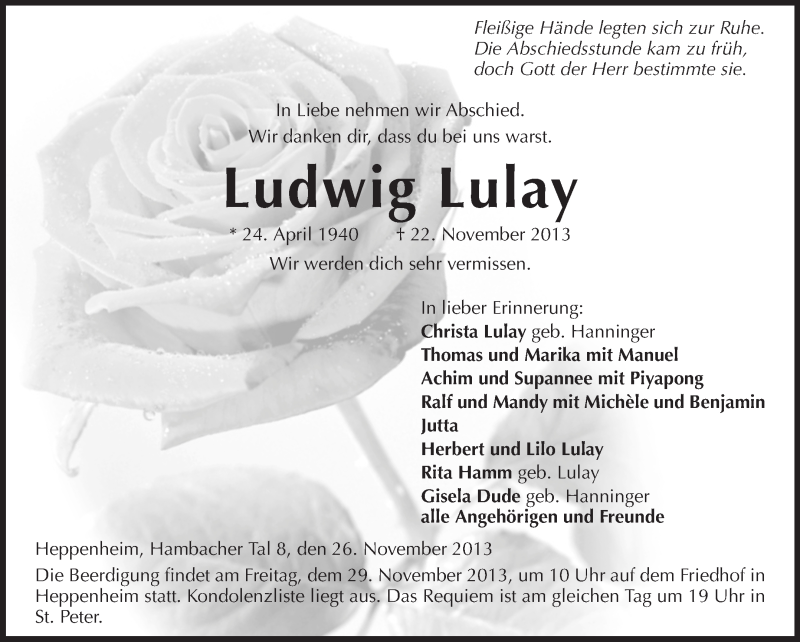  Traueranzeige für Ludwig Lulay vom 26.11.2013 aus Starkenburger Echo