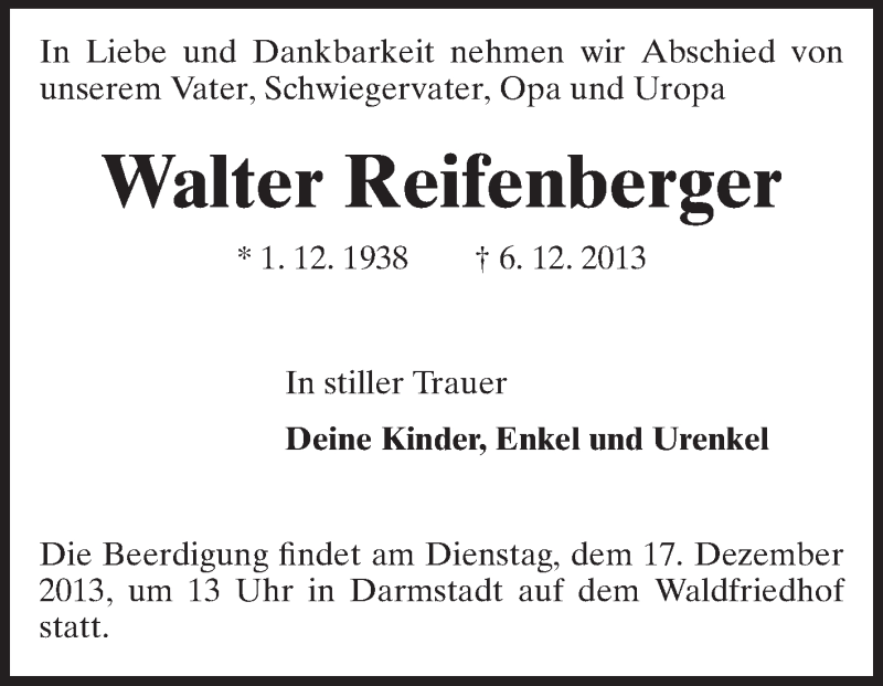  Traueranzeige für Walter Reifenberger vom 14.12.2013 aus Echo-Zeitungen (Gesamtausgabe)