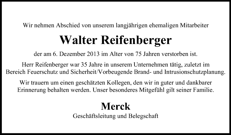  Traueranzeige für Walter Reifenberger vom 16.12.2013 aus Echo-Zeitungen (Gesamtausgabe)