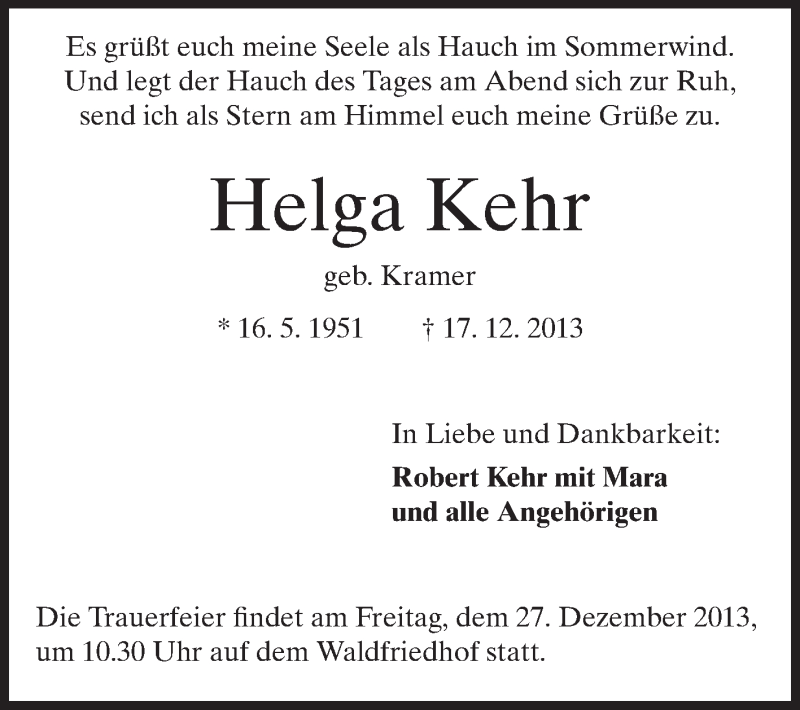  Traueranzeige für Helga Kehr vom 21.12.2013 aus Echo-Zeitungen (Gesamtausgabe)