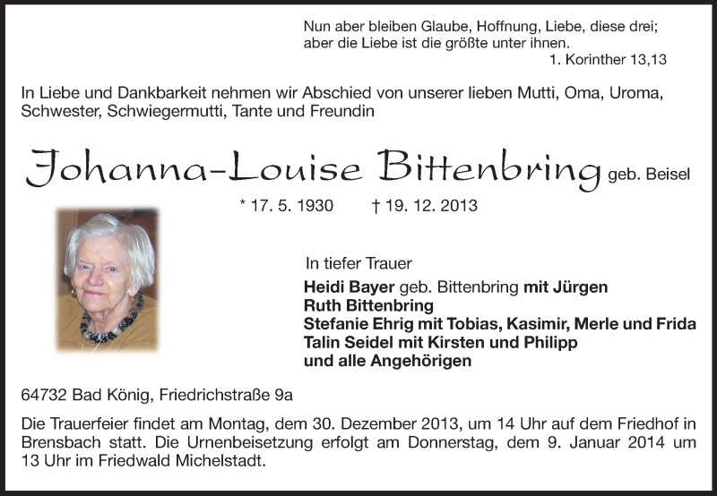  Traueranzeige für Johanna-Louise Bittenbring vom 28.12.2013 aus Odenwälder Echo