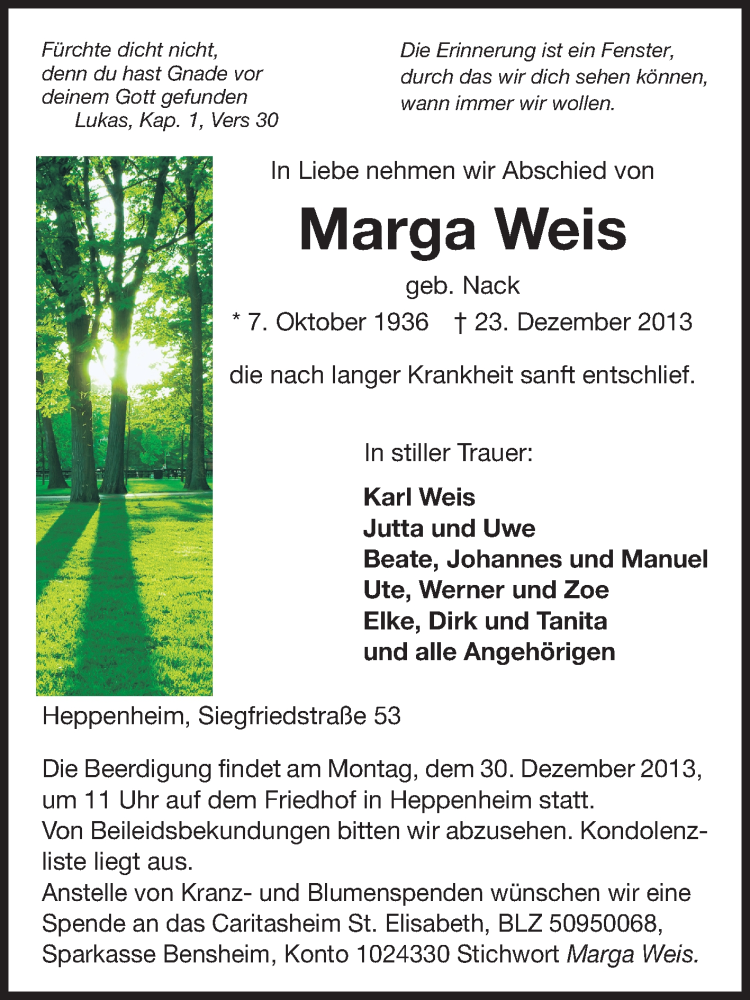  Traueranzeige für Marga Weis vom 27.12.2013 aus Starkenburger Echo