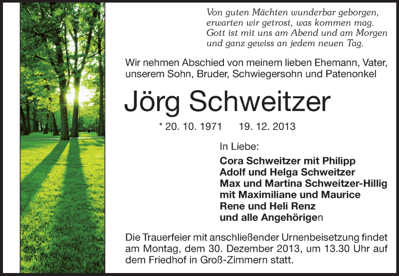  Traueranzeige für Jörg Schweitzer vom 28.12.2013 aus Echo-Zeitungen (Gesamtausgabe)