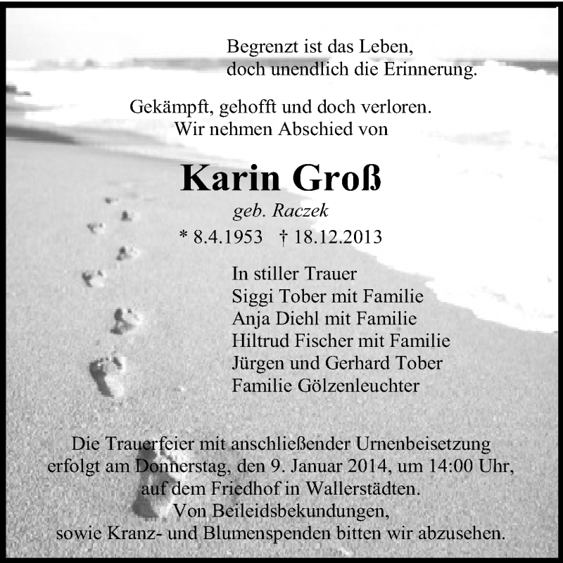  Traueranzeige für Karin Groß vom 04.01.2014 aus Rüsselsheimer Echo, Groß-Gerauer-Echo, Ried Echo