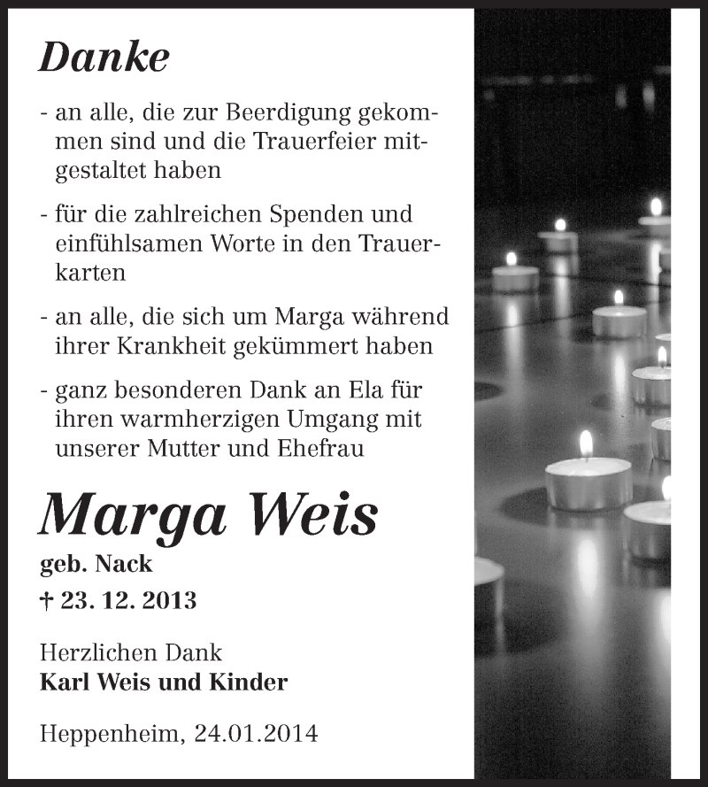  Traueranzeige für Marga Weis vom 24.01.2014 aus Starkenburger Echo