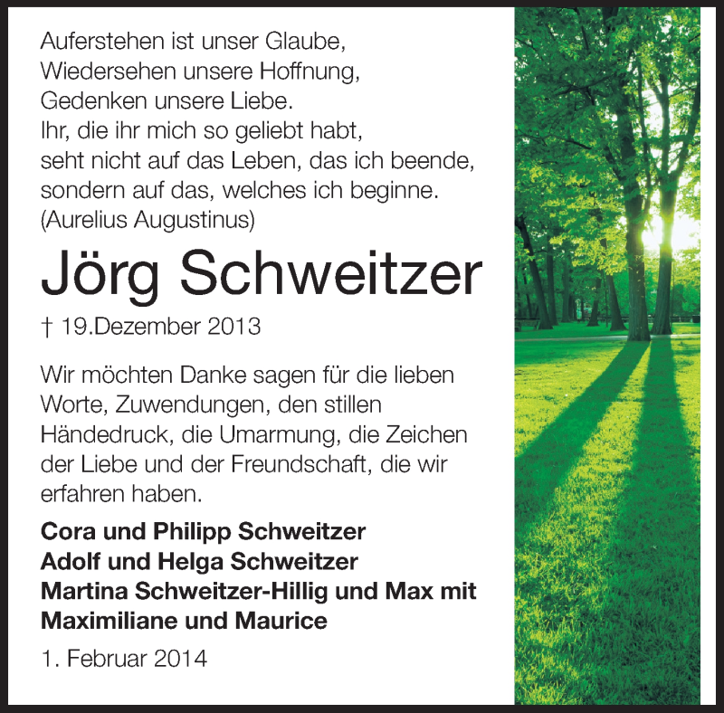  Traueranzeige für Jörg Schweitzer vom 01.02.2014 aus Echo-Zeitungen (Gesamtausgabe)