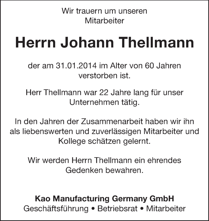 Traueranzeige für Johann Thellmann vom 05.02.2014 aus Echo-Zeitungen (Gesamtausgabe)