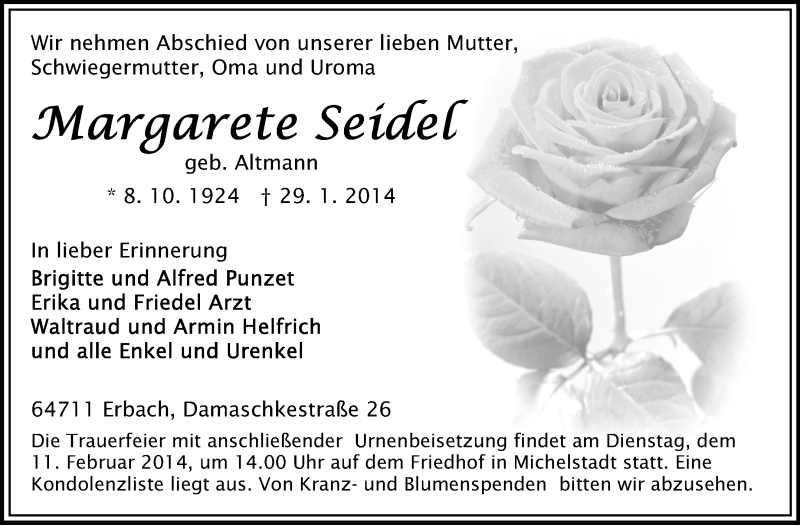  Traueranzeige für Margarete Seidel vom 08.02.2014 aus Odenwälder Echo