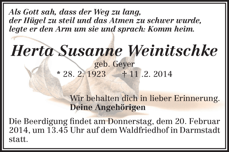  Traueranzeige für Herta Susanne Weinitschke vom 15.02.2014 aus Echo-Zeitungen (Gesamtausgabe)