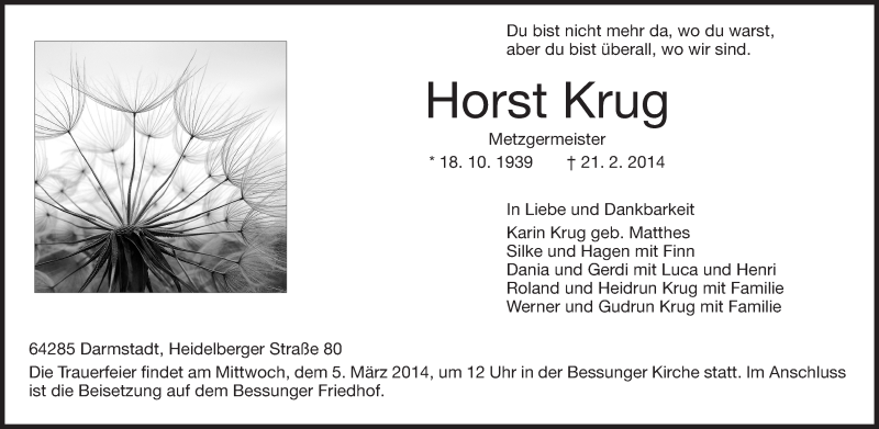  Traueranzeige für Horst Krug vom 01.03.2014 aus Echo-Zeitungen (Gesamtausgabe)